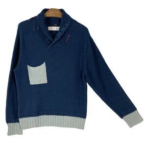 YIGAL AZROUEL Sweater Men M Blue Cotton-Linen Shawl-Neck Oversized Grey-Trim